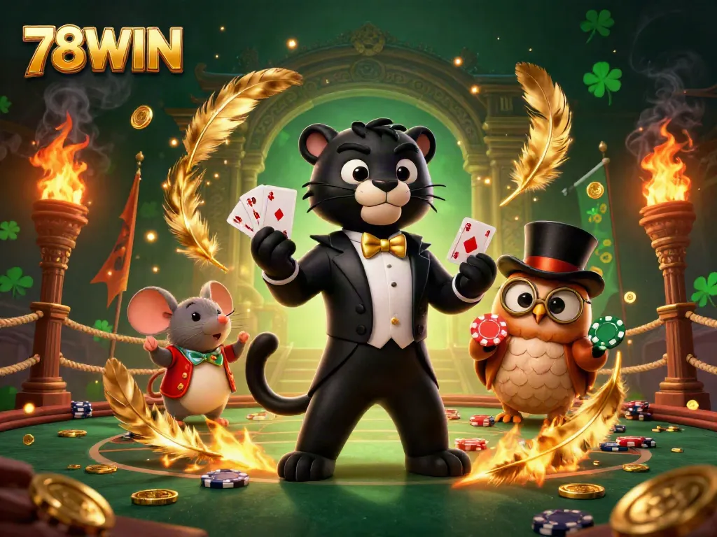 Engage with 78WIN's dynamic scene featuring a stylish black panther, cute owl, and lucky mouse amidst vibrant casino elements.