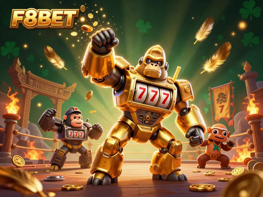 Experience F8BET's golden gorilla mech launching coins in a high-energy casino showdown.