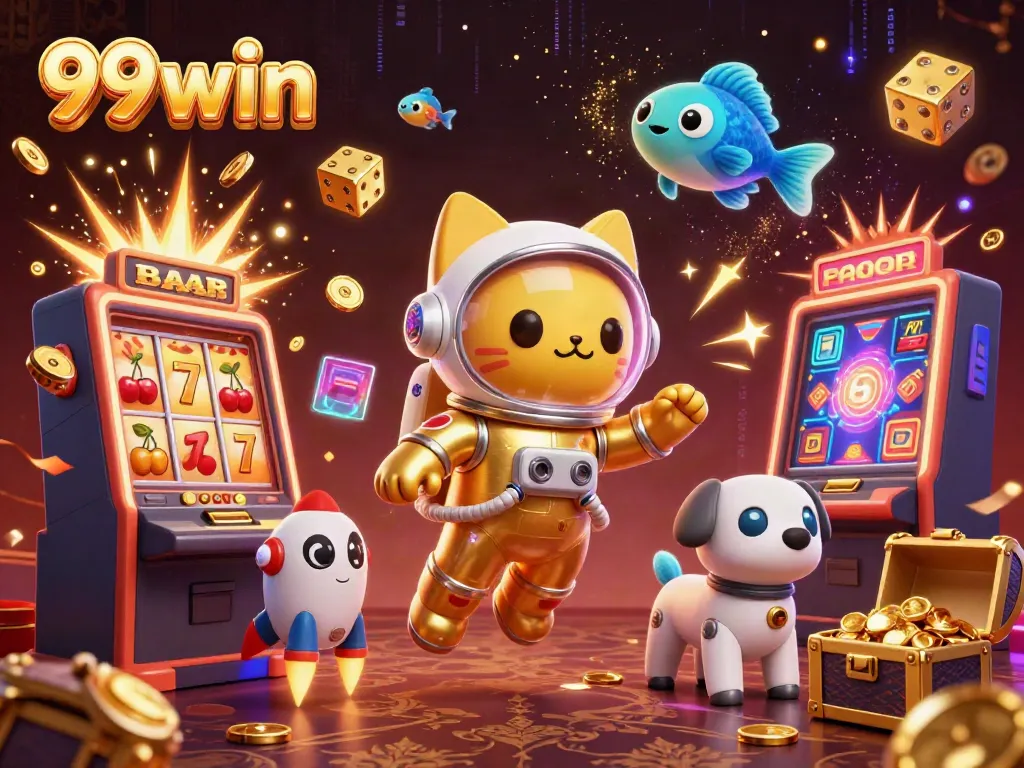 Experience thrilling gameplay with 99win's colorful slots and dynamic casino atmosphere illustrated in 3D.